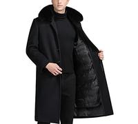 EsukAr Herren Winter Wollmäntel Pelzkragen Trenchcoat Freizeit-/Geschäftsmantel Einreihig, Lang, Peacoat, Mantel,S-6XL,Black down lining,L
