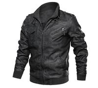 EsUkar Lederjacke für Herren klassische Retro-Rollerjacke für Herren schwarze Vintage-Harrington-Bomberjacke winddichte Kunstlederjacken warmer Mantel für Outdoor-Sportarten L