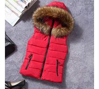 &ET Westen Damen,Weste Damen Roter Pelzkragen Mit Kapuze Warme Ärmellose Jacke Mit Reißverschluss Gepolsterte Taschen Herbst Winter Baumwolle Weste Für Mädchen Damen,XL