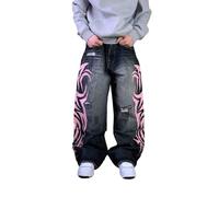 Ethbox Y2K Streetwear-Jeans für Herren und Damen, lockere Jeans, Retro-Totem-Druck, Gothic-Hose, hohe Taille, weites Bein, Harajuku, Hip-Hop-Hose, Schwarz, M