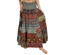 Ethnique Mode Boho Maxirock mit Patchwork-Muster, Elastischer Bund, Mehrfarbig, Polyester, Lang (DE/NL/SE/PL, Alphanumerisch, Einheitsgröße, Regular, Regular, Schwarz)