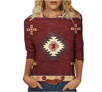 Ethno Stil Oberteile Damen 3/4 Ärmel Tshirt Rundhals Bluse Basic Shirt Sommer Tunika Tops Dünne Pullover Teenager Mädchen T-Shirt LongtopsT-Shirts Boho Blusentops Sportshirt 3XL für Outdoor