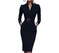 Etuikleid Damen Elegant Business Lang Kleider Damen Winter Langarm Curvy Herbstkleid Midi V Ausschnitt Winterkleid Stehkragen mit Gürtel Damenkleider Festlich Enges Kleid mit Taschen Abendkleid