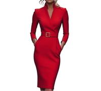 Etuikleid Damen Elegant Business Lang Kleider Damen Winter Langarm Curvy Herbstkleid Midi V Ausschnitt Winterkleid Stehkragen mit Gürtel Damenkleider Festlich Enges Kleid mit Taschen Abendkleid