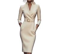 Etuikleid Damen Elegant Business Lang Kleider Damen Winter Langarm Curvy Herbstkleid Midi V Ausschnitt Winterkleid Stehkragen mit Gürtel Damenkleider Festlich Enges Kleid mit Taschen Abendkleid