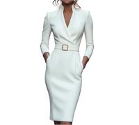 Etuikleid Damen Elegant Business Lang Kleider Damen Winter Langarm Curvy Herbstkleid Midi V Ausschnitt Winterkleid Stehkragen mit Gürtel Damenkleider Festlich Enges Kleid mit Taschen Abendkleid