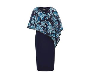 Etuikleid GOLDNER "Kurzgröße Elegantes Abendkleid mit Pailletten", Damen, Gr. 19, K-Gr, blau (marine, mykonosblau, geblümt), Obermaterial: 92% Polyester PES. 8% Elasthan EL., festlich, 3/4 Arm, Kleide