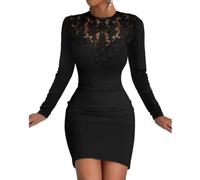 Etuikleid Mit Spitzenärmeln - Elegantes Minikleid Mit Schwarzer Spitze Und Blumen Für Damen, Schmal Geschnittenes Etuikleid Mit Langen Ärmeln, O-Ausschnitt, Weicher Enger Taille Über Dem Kleid,