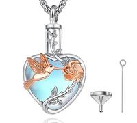 EUDORA Harmony Ball Herz Mondstein Asche Urnen Kette für Damen Sterling Silber 925, Kolibri und Rose Einäscherung Schmuck Memorial Urn die Asche, Andenken Beerdigung Medaillon Anhänger,20 Zoll