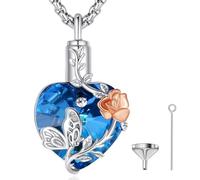 EUDORA Harmony Ball Herz Zirkonia Asche Urnen Kette für Damen Sterling Silber 925, Schmetterling und Rose Einäscherung Memorial Urn die Asche Schmuck, Andenken Beerdigung Medaillon Anhänger,20 Zoll