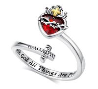 EUDORA Harmony Ball Kreuz Ring Jesus Heiliges Herz Ringe mit Granat für Damen Herren S925 Sterling Silber, Kreuz Einstellbare Ring Glaube Schmuck Christlicher Geschenk für Frauen Herren