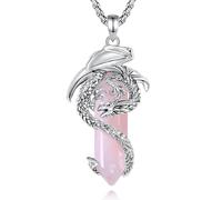 EUDORA Harmony Ball Wikinger Drachen Rosenquarz Kette für Damen Herren, Vintage Drachen Rosa Quarz Halskette Anhänger Amulett Energie Gothic Schmuck Geschenk für Frauen Herren Papa Mutter 20" +24"