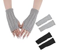 EUDUQ 2 Paar Handstulpen Damen,Herbst Winter Kurzer Armstulpen Mädchen,Gestrickte fingerlose handschuhe,Wärme handschuhe ohne finger,dehnbare Handschuhe Fingerlos(Schwarz/Hellgrau)