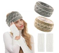 EUIEUT 2 Stk Stirnband Damen Winter Warm Gestricktes Stirnbänder Haarband Kopfband Headband Elastische Haarreifen Strick Headwrap mit einem Paar Weißer Gestrickte Fingerlose Handschuhe(Braun+Hellgrau)
