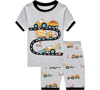EULLA Kinder Jungen Schlafanzug Kurzarm Sommer Shorty Pyjama Set Bagger Traktor Zweiteiliger Nachtwäsche Baumwolle Größe 3 Jahre alt 5# Grau Bagger & Traktor DE 98