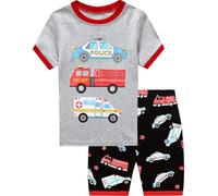EULLA Kinder Jungen Schlafanzug Kurzarm Sommer Shorty Pyjama Set Feuerwehrwagen Zweiteiliger Nachtwäsche Baumwolle Größe 6 Jahre alt 7# Grau Feuerwehrwagen Krankenwagen DE 116
