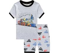 EULLA Kinder Jungen Schlafanzug Kurzarm Sommer Shorty Pyjama Set Zug Zweiteiliger Nachtwäsche Baumwolle Größe 3 Jahre alt 7# Grau Zug DE 98