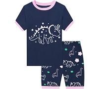 EULLA Kinder Schlafanzug Mädchen Kurz Sommer Pyjamas Set Dinosaurier Shorty Zweiteilig Nachtwäsche Baumwolle Größe 7 Jahre alt 2# Dunkelblau Glow in The Dark Dinosaurier DE 122