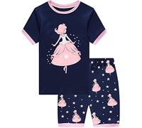 EULLA Kinder Schlafanzug Mädchen Kurz Sommer Pyjamas Set Prinzessin Shorty Zweiteilig Nachtwäsche Baumwolle Größe 3 Jahre alt 6# Dunkelblau Prinzessin DE 98