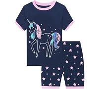 EULLA Mädchen Schlafanzug Kurz Glow in The Dark Einhorn Shorty Pyjama Set Kinder Sommer Zweiteiliger Nachtwäsche Baumwolle Größe 7 Jahre alt 1# Dunkelblau Glow in The Dark Einhorn DE 122