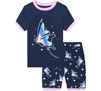 EULLA Mädchen Schlafanzug Kurz Glow in The Dark Schmetterling Shorty Pyjama Set Kinder Sommer Zweiteiliger Nachtwäsche Baumwolle Größe 4 Jahre alt 3# Dunkelblau Glow in The Dark Schmetterling DE 104