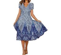 Europa und die Vereinigten Staaten langes Kleid lässiges V-Ausschnitt Swing-Typ böhmisches kurzärmliges Kleid er Damen Größe (XXL,a-Blau)