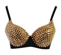 Europäischer und amerikanischer Punk-Bauchtanz-Nieten-Gold-BH, Nachtclub, Bühnenkönigin, handbestickter, sexy, lustiger BH-Gold-L