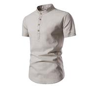 Europäisches amerikanisches Herren-T-Shirt mit Stehkragen, einfarbig, Baumwolle Leinen, kurzärmelig T Shirt Herren L