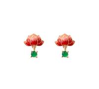 EVANEM Ohrstecker Für Damen Klassische Ohrringe Aus 925Er Silber Künstlicher Jade Ohrring Ethnischer Emaille Anhänger Mit Rotem Lotus Für Damen Und Mädchen Bankett Party Schmuck