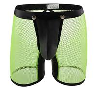 Evankin Men's See Through Sexy Mesh with Faux Leather Loose Shorts Pants Erotic Clubwear Button Removable Pouch(A4-50Green,L)