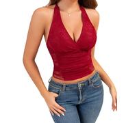 EVELIFE Damen Haltertop mit Spitze V-Ausschnitt Gerafftes Bindetop mit verstellbarem Nackenträger Weiches Spitzentop Weinrot S