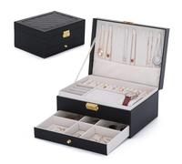 EVEOUT 2-Schicht Schmuckkasten aus Kunstleder Aufbewahrungsbox für Ohrringe, Ringe, Halsketten Vintage Schmuckdose mit Schubladen & Uhrenkissen