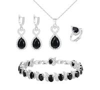 EVER FAITH 4 Stk Schmuck-Set für Damen Teardrop CZ Herz Halskette Ohrringe Armband Ring Schmuck Weihnachten Geburtstag Geschenk für Damen Mama Freund Liebhaber Schwarz Silber-Ton