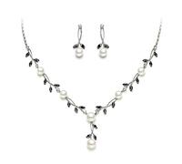 EVER FAITH CZ Kristall Elegant Blatt Vine Cream kuenstliche Perle Pendant Schmuckset Klar Schwarz Silber-Ton
