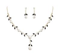 EVER FAITH CZ Kristall Elegant Blatt Vine Cream kuenstliche Perle PendantSchmuckset Schwarz Gold-Ton