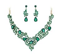 EVER FAITH Damen Schmuck Sets Strass Kristall Blumen Blatt Vine Teardrop Halskette und Hangle Tropfen Ohrringe Set für Braut Hochzeit Party Grün Gold-Tone