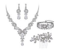 EVER FAITH Hochzeit Schmuck Set für Braut, Weißes Österreichisches Kristall Art Deco Floral Teardrop Halskette Ohrringe Armband Haarkamm für Prom