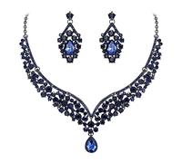 EVER FAITH Österreichische Kristall Royal Luxus V-förmigen Teardrop Halskette Ohrringe Set Saphirblau Schwarz-Ton