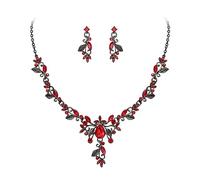 EVER FAITH Schmuck-Sets für Braut Österreichische Kristall Cluster Floral Vine Blatt Marquise Tropfen Halskette Ohrringe Set für Damen Rot Schwarz-Ton