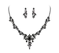 EVER FAITH Schmuck-Sets für Braut Österreichische Kristall Cluster Floral Vine Blatt Marquise Tropfen Halskette Ohrringe Set für Damen Schwarz Schwarz-Ton