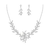 EVER FAITH Zirkonia Schmuck-Set für Hochzeit Marquise Tropfen Simulierte Perlen Blatt Halskette und Ohrringe Set Silber-Ton
