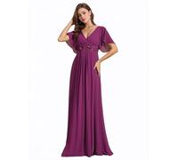 Ever-Pretty Abendkleid Elegant für Hochzeit Damen Lang Rundhalsausschnitt Abendkleider Langarm Brautjungfernkleider Lila Rot 40