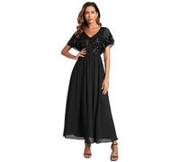 Ever-Pretty Abendkleid für Damen, lang, mit Pailletten, kurze Ärmel, V-Ausschnitt, A-Linie, fließend, schick, EM01583, Schwarz , 34