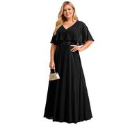 Ever-Pretty Abendkleid Große größen Chiffon Lang Ballkleider Kurze Ärmel Abendkleider Elegantes Damen Für Hochzeit V-Ausschnitt Schwarz 48