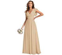 Ever-Pretty Abendkleid, rückenfrei, für Damen, Rüschenärmel, Chiffon, V-Ausschnitt, Plissee, Brautjungfernkleid, lang, elegant, ES01819-P, Champagne, 34