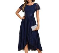 Ever-Pretty Abendkleider Damen Lang Rundhalsausschnitt Brautjungfernkleid Midi Ballkleider Chiffon V-Ausschnitt Cocktailkleid Kurze Ärmel Navy Blau 58