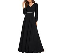 Ever-Pretty Abendkleider Elegant Für Hochzeit Lang Langarm Chiffonkleid Damen A Linie Maxi V-Ausschnitt Wedding Guest Dress Schwarz 50