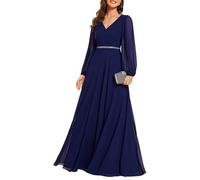 Ever-Pretty Abendkleider Elegant Für Hochzeit Lang Langarm Chiffonkleid Damen A Linie Maxi V-Ausschnitt Wedding Guest Dress Navy Blau 46