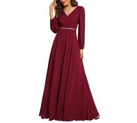 Ever-Pretty Abendkleider Elegant Für Hochzeit Lang Langarm Chiffonkleid Damen A Linie Maxi V-Ausschnitt Wedding Guest Dress Burgund 56