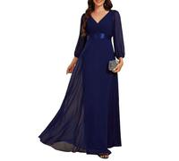 Ever-Pretty Abendkleider Elegantes Damen Für Hochzeit Lang Langarm Brautjungfernkleid Chiffon V-Ausschnitt Ballkleider Navy Blau 36